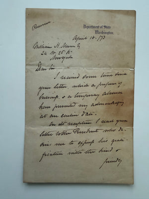 1873 Hamilton Fish Autograph Letter Conveying President Grant’s Personal Appreciation