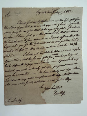 1793 Revolutionary War Officer George Ross Orders Wine from New York Merchant Nicholas Low