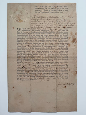 1761 Colonial Pennsylvania Probate Document with Paper Seal—Berks County