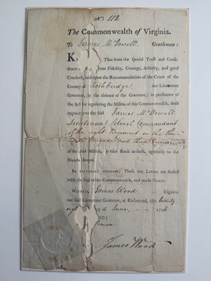 1796 Revolutionary General James Wood Signed Virginia Militia Commission to Colonel James McDowell