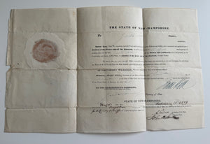 1838 GOVERNOR ISAAC HILL SIGNED 1838 NEW HAMPSHIRE JUDICIAL COMMISSION — JOSEPH DOE, JUSTICE OF THE PEACE