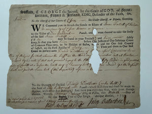 WILLIAM BOLLAN SIGNED 1734 MASSACHUSETTS BAY WRIT — EARLY COLONIAL LAWYER AND FUTURE AGENT IN LONDON
