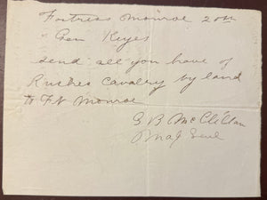 George B. 1862 McClellan Civil War Field Order—Rush’s Lancers to Fortress Monroe, August 20, 1862