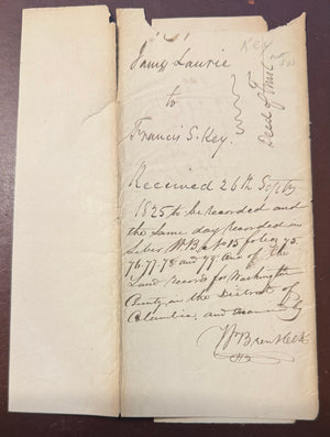 Francis Scott Key 1825 Washington, D.C. Land Deed Cover—From James Laurie
