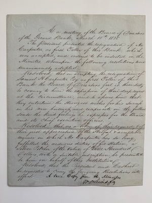 1838 Girard Bank Resolution—$500 Silver Testimonial to Its First Teller—Signed by Cashier William D. Lewis