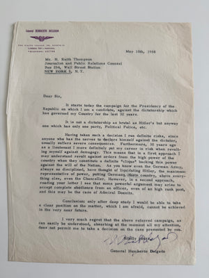 1958 HUMBERTO DELGADO—HISTORIC MAY 10, 1958 LETTER ANNOUNCING HIS CAMPAIGN AGAINST PORTUGAL’S DICTATORSHIP—HITLER, DÖNITZ AND THE RISK OF DEATH