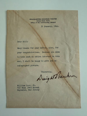 DWIGHT D. EISENHOWER—JANUARY 1944 WARTIME LETTER SIGNED AS HE ASSUMED COMMAND FOR THE D-DAY INVASION