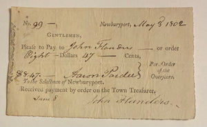 1802 Newburyport Overseers’ Payment Order to John Thorndike, Signed by Revolutionary War Officer Aaron Pardee, May 3, 1802; received and docketed June 8, 1802.