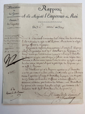 NAPOLEON BONAPARTE — BOLD “N” APPROVAL ON AN 1809 REPORT ORGANIZING THE 86TH REGIMENT