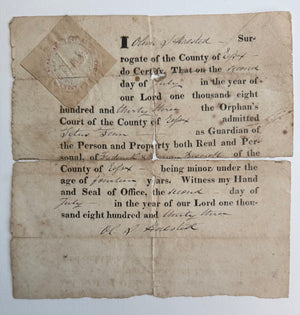 1843 Essex County New Jersey Guardianship Document – Oliver S. Halsted – Seal