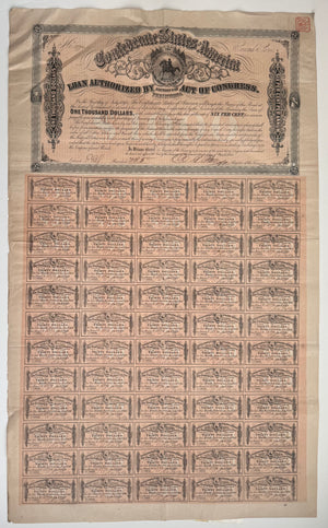 Complete 1864 Confederate $1,000 War Bond with All 60 Coupons