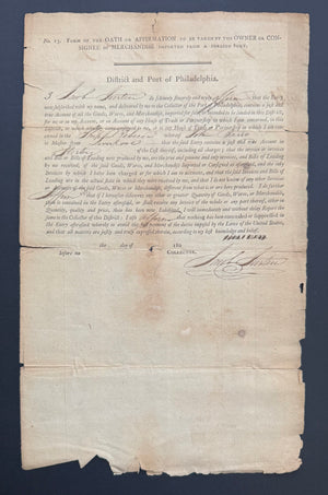 1807 Early Philadelphia Customs Archive – Ship Rebecca from Liverpool – James Hunter – Imported Slates