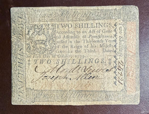 1773 Pennsylvania Two-Shilling Note—Hall & Sellers—Colonial Currency
