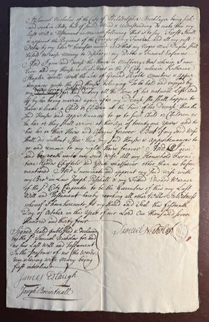 1734 Philadelphia Will Signed by Joseph Breintnall — Ben Franklin’s Junto & Library Company Associate